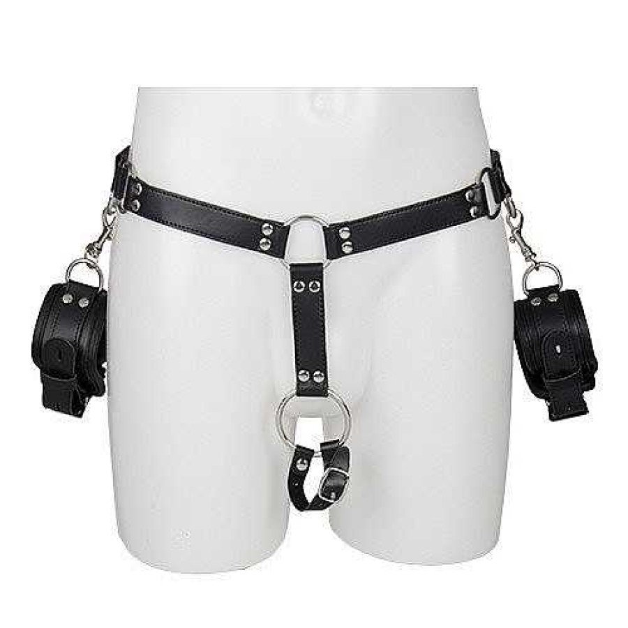 Bondara Bondara Men'S Faux Leather Penis And Wrist Restraint Black Chastity Devices