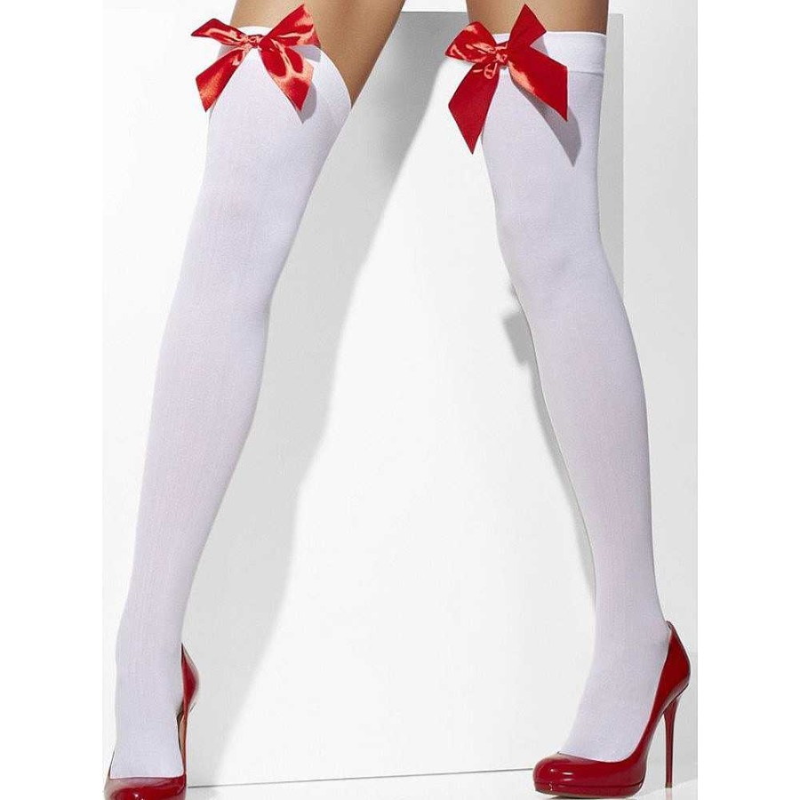 Bondara Bow To Me Red And White Opaque Hold-Up Stockings Opaque White Sexy Lingerie For Women