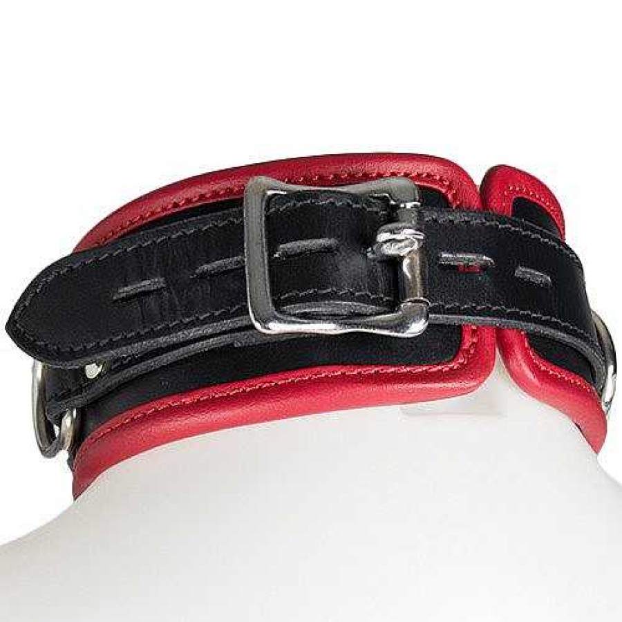 Bondara Bondara Luxe Red Saddle Leather Heavy Duty Padded Collar Black And Red Bondage Restraints & Handcuffs