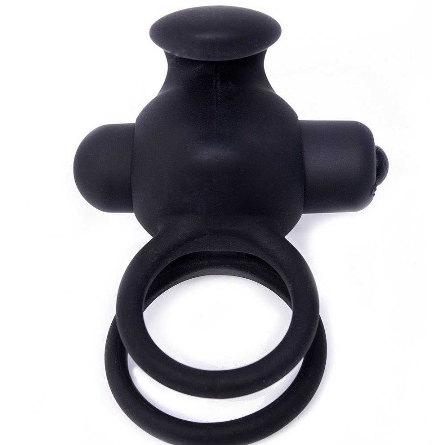 Bondara Bondara Buzz Bunny 10 Function Vibrating Double Cock Ring Black Sex Toys For Couples