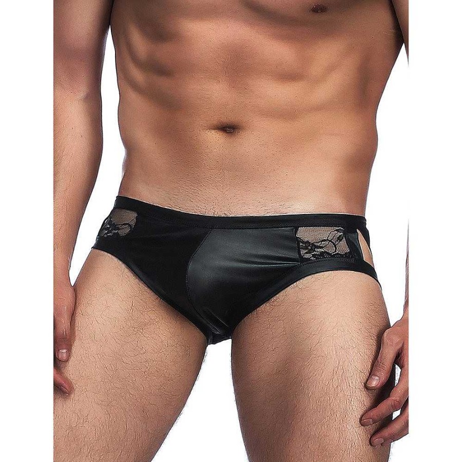 Bondara Bondara Edge Men'S Lace Cut-Out Wet Look Briefs Black Fetish Clothing