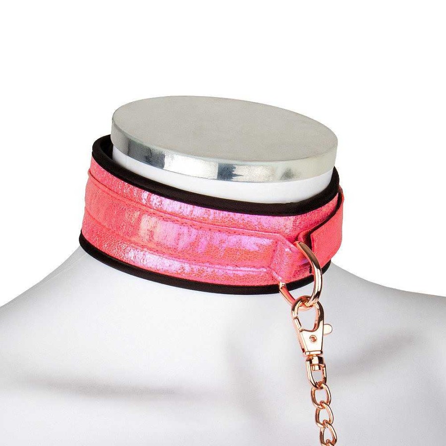 Bondara Bondage Bondara Pink Kink Rose Gold Soft Velcro Bondage Collar And Leash Iridescent Pink Outer, Black Soft Textile Lining, Rose Gold Hardware Bondage Restraints & Handcuffs