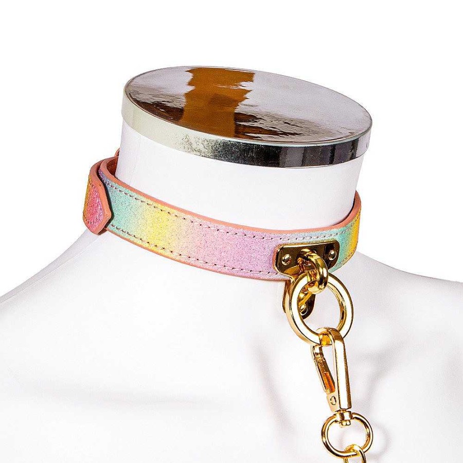 Luxe Bondara Luxe Sugar Rush Rainbow Glitter Collar & Leash Rainbow Glitter With Pale Pink Reverse, Yellow Gold Fixings Bondage Restraints & Handcuffs