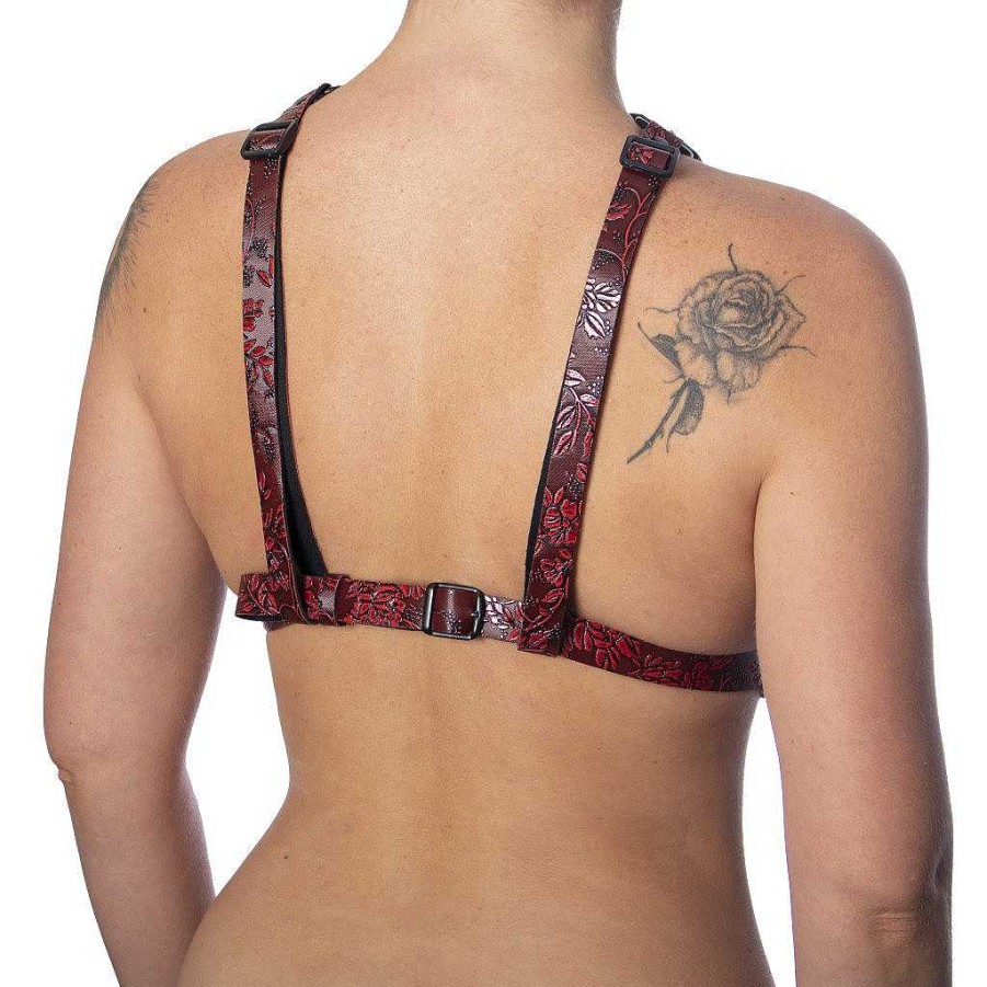 Bondara Bondara Wild Flower Red Floral Faux Leather Chest Harness Red And Black Fetish Clothing