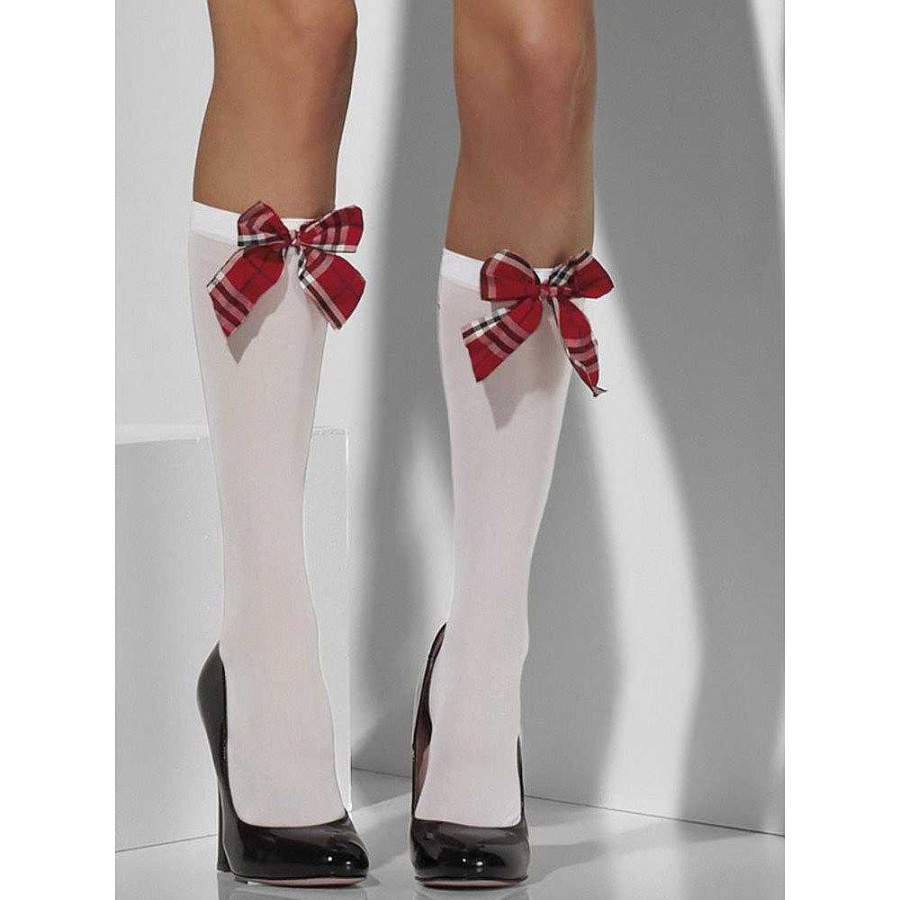 Bondara Scantily Plaid White Knee High Bow Socks White With Tartan Bows Role Play Costumes & Outfits