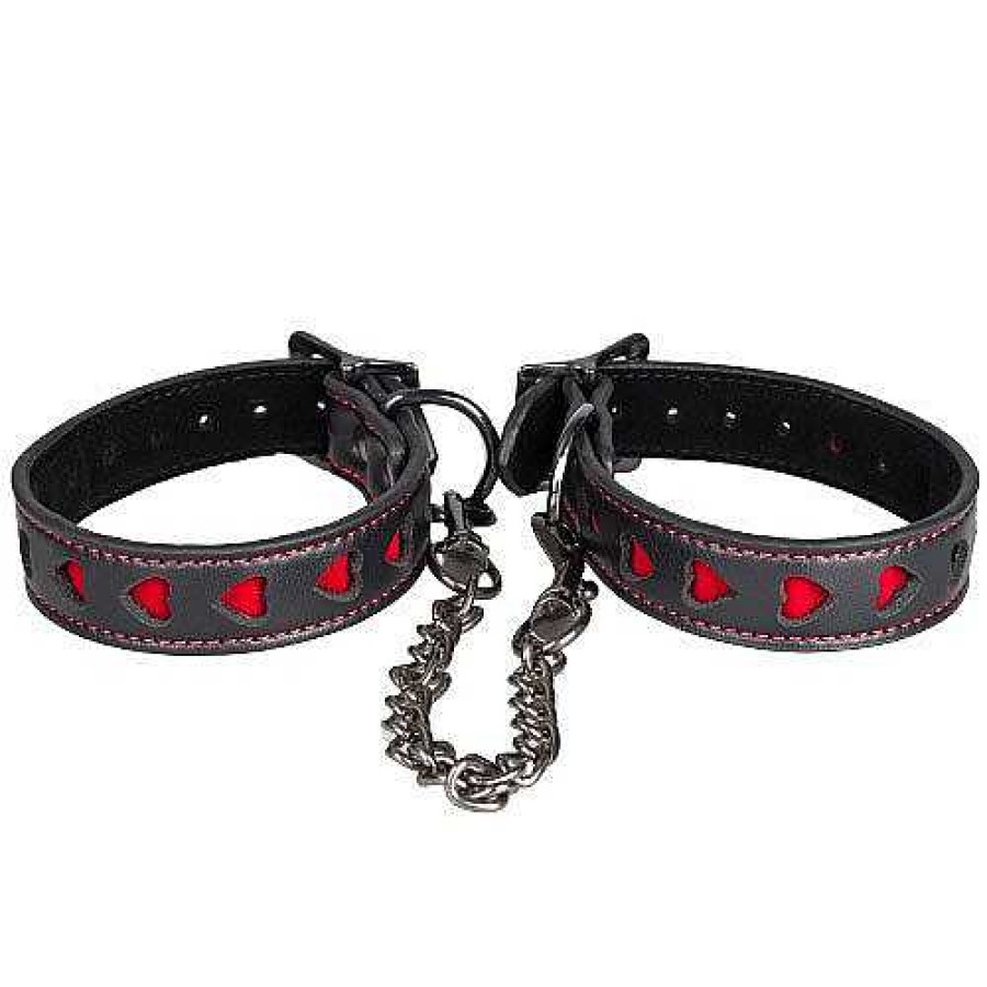 Bondara Bondage Bondara Faux Leather Heart Ankle Cuffs Black And Red Bondage Restraints & Handcuffs