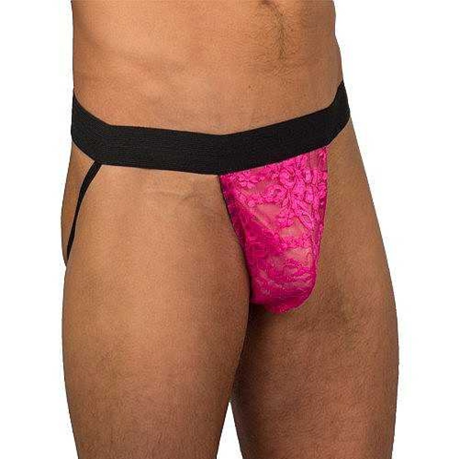 Bondara Lingerie Bondara Man Cheeky Exposure Pink Lace Jock Strap Black And Pink Men'S Sexy Underwear