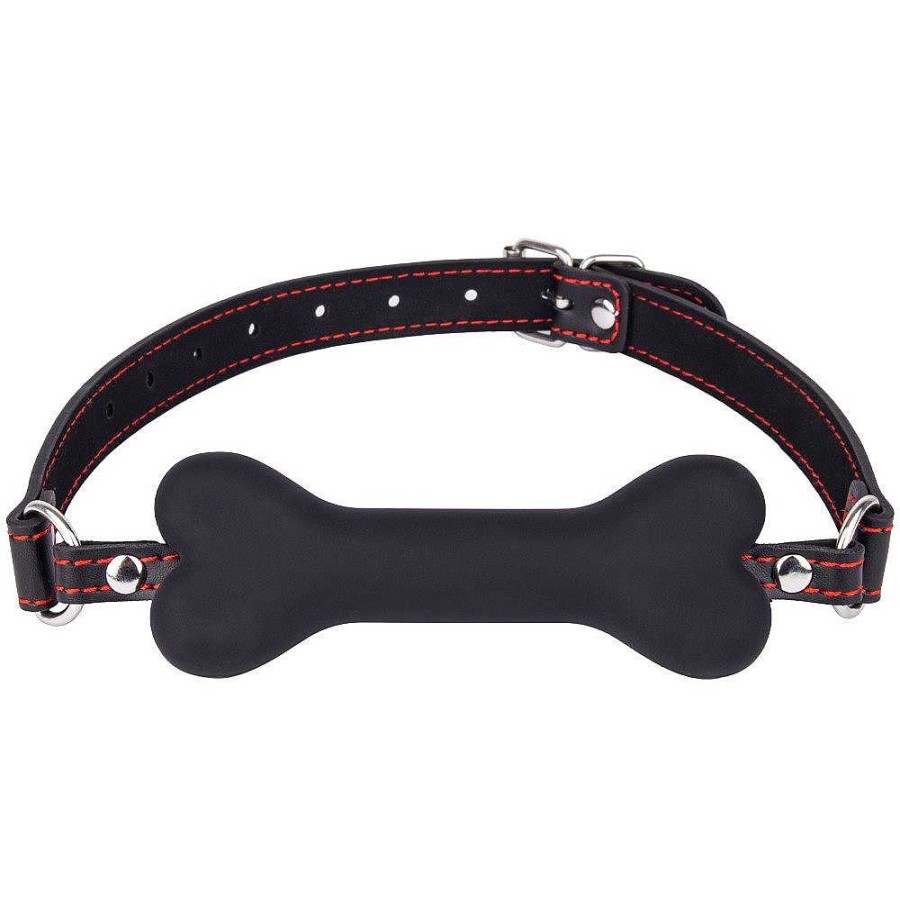 Bondara Bondara Bone Me Faux Leather And Silicone Bit Gag Black With Red Stiching Ball Gags & Mouth Gags