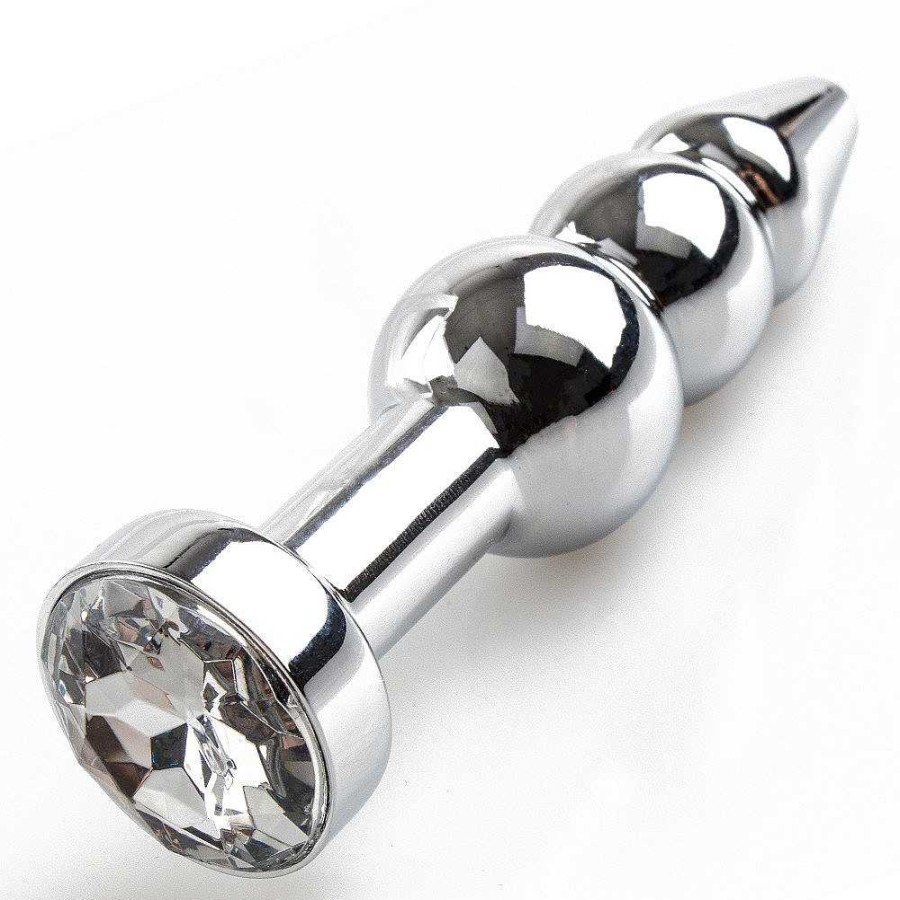 Bondara Bejewelled Metal Double Beaded Butt Plug - 4.5 Inch Silver With Clear Stone Anal Toys