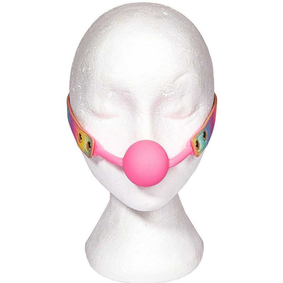 Luxe Bondara Luxe Sugar Rush Rainbow Glitter Ball Gag Rainbow Glitter With Pale Pink Reverse, Yellow Gold Fixings, Pale Pink Ball Ball Gags & Mouth Gags