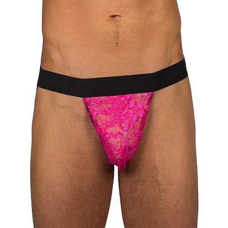 Bondara Lingerie Bondara Man Cheeky Exposure Pink Lace Jock Strap Black And Pink Men'S Sexy Underwear