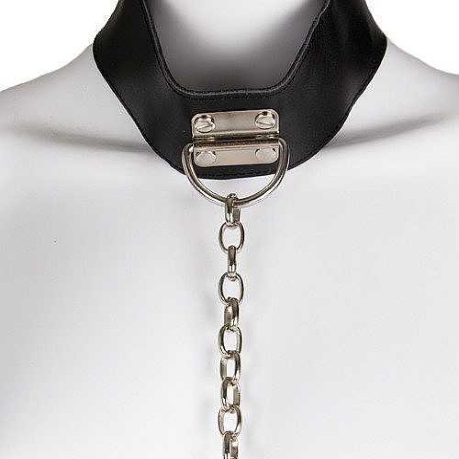 Torment Torment Real Leather Collar To Wrist Bar Restraint Black And Silver Bondage Restraints & Handcuffs