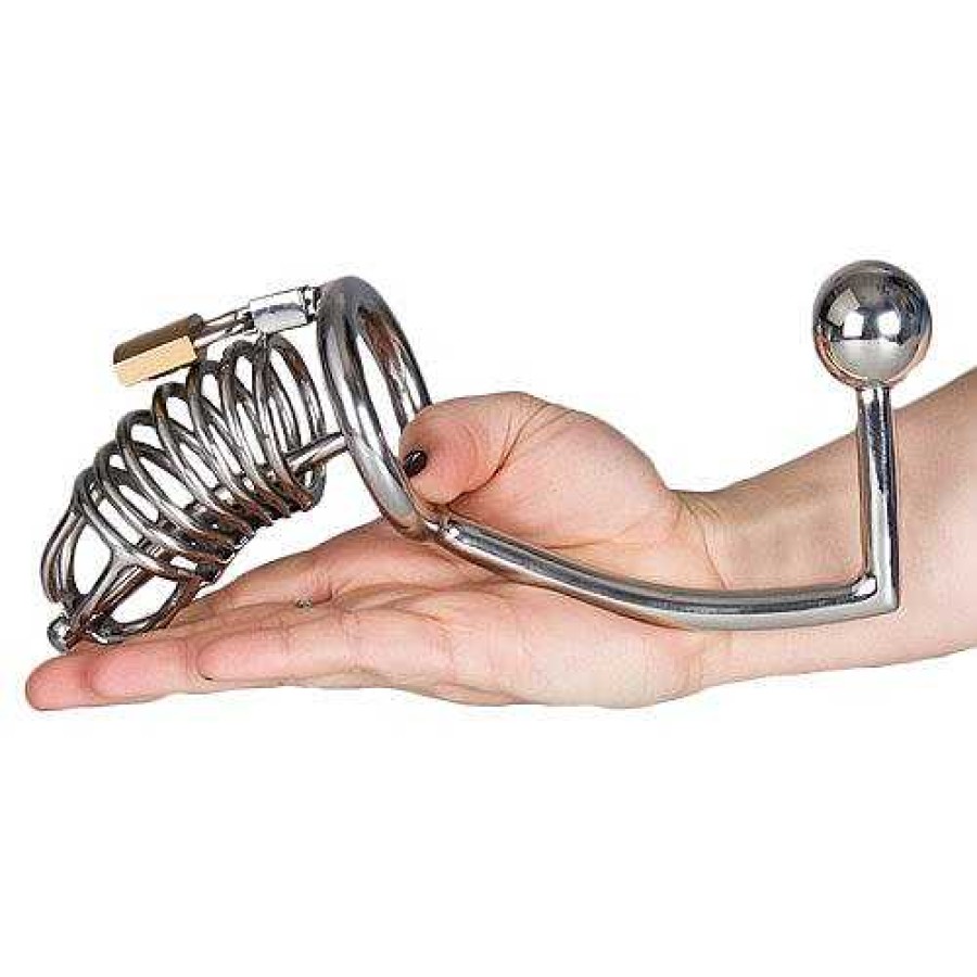 Bondara Torment Stainless Steel Chastity Cage With Sound & Anal Hook Silver Anal Toys