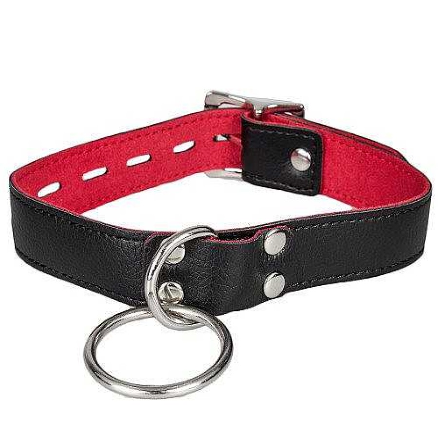 Bondara Boutique Bondara Black Faux Leather Red Suede Padlocked O-Ring Collar Black And Red Bondage Restraints & Handcuffs