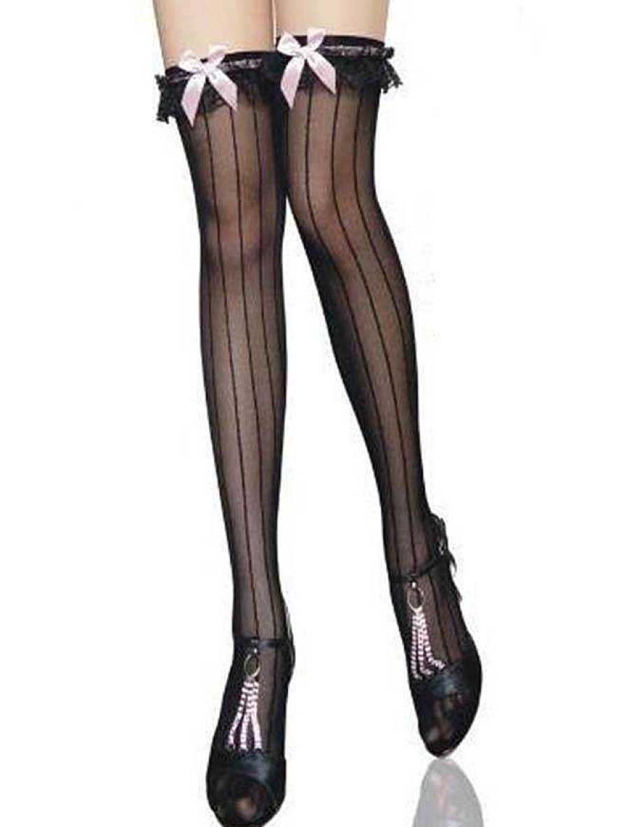 Bondara Flirt Bondara Flirt Pink Bow Pinstripe Hold Up Stockings Black Sexy Hosiery