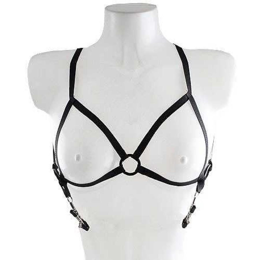 Bondara Bondara Black Harness Bra With Nipple Clamps Black And Silver Nipple Toys & Clit Toys