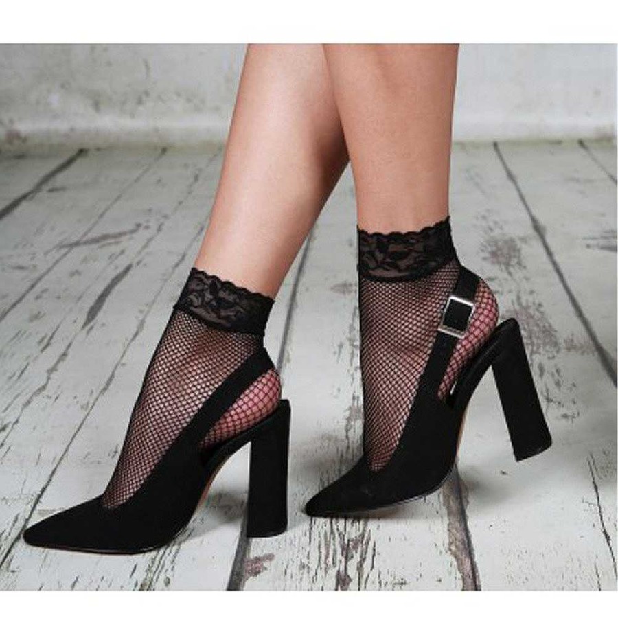 Bondara Pamela Mann Lace Trim Fishnet Ankle Socks Black Sexy Hosiery