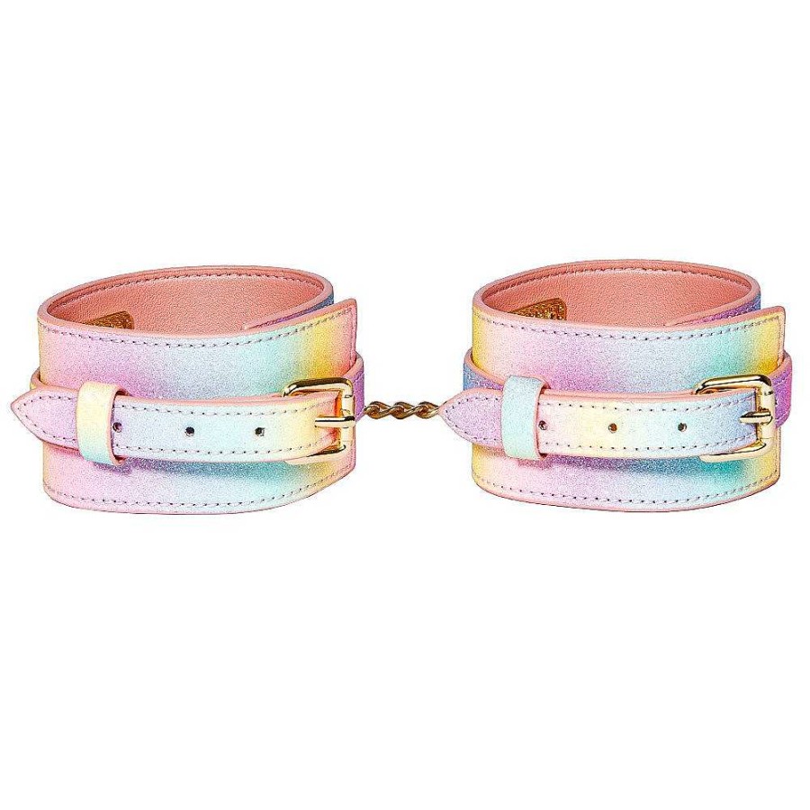 Luxe Bondara Luxe Sugar Rush Rainbow Glitter Ankle Cuffs Rainbow Glitter With Pale Pink Reverse, Yellow Gold Fixings Bondage Restraints & Handcuffs