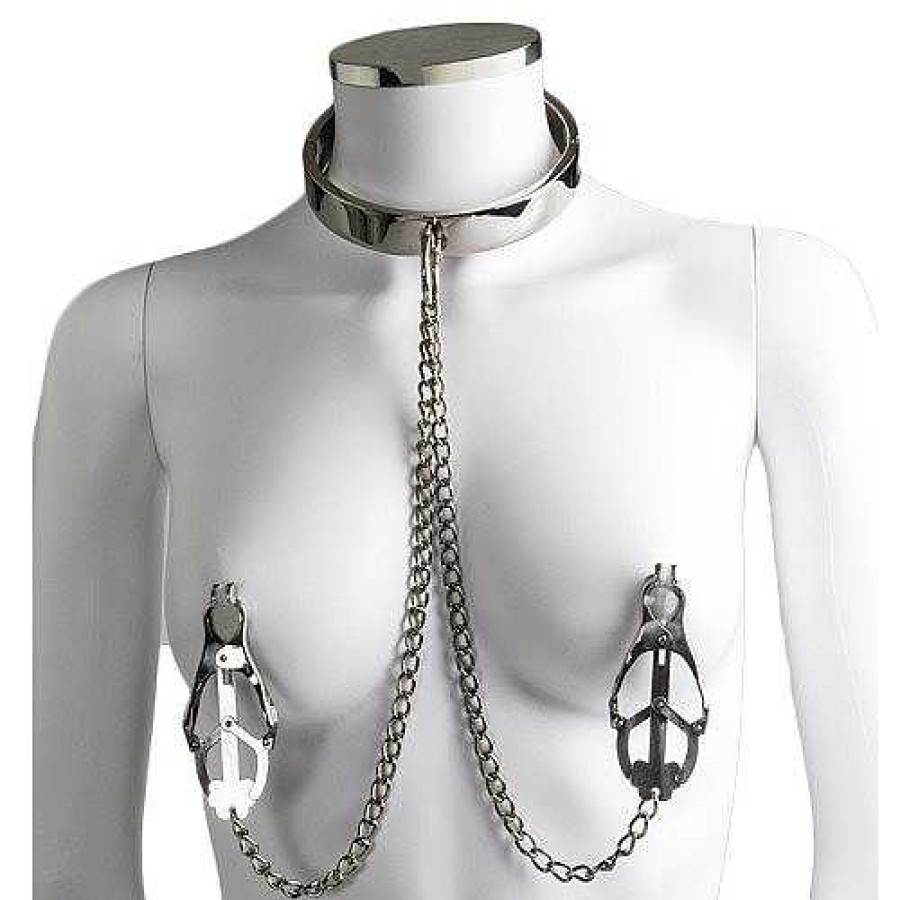 Bondara Torment Stainless Steel Collar With Clover Nipple Clamps Silver Nipple Toys & Clit Toys