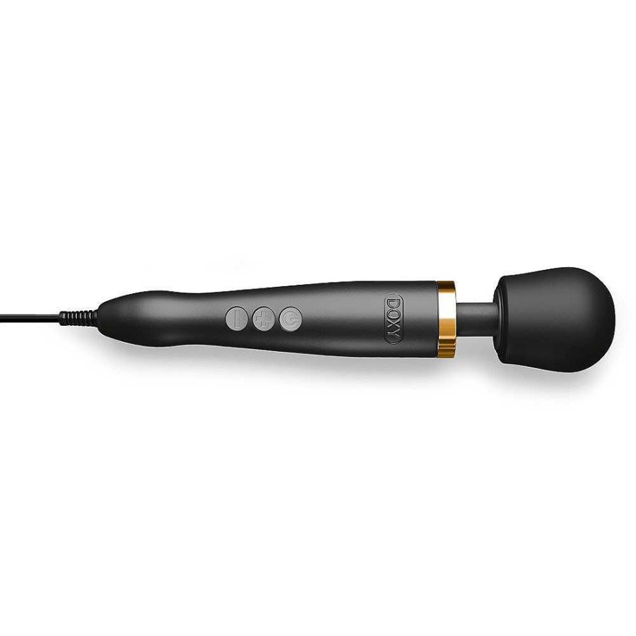 Doxy Doxy Matte Black And 24K Gold Die Cast Wand Vibrator Matte Black Body With Yellow Gold Trim, Black Head Vibrators