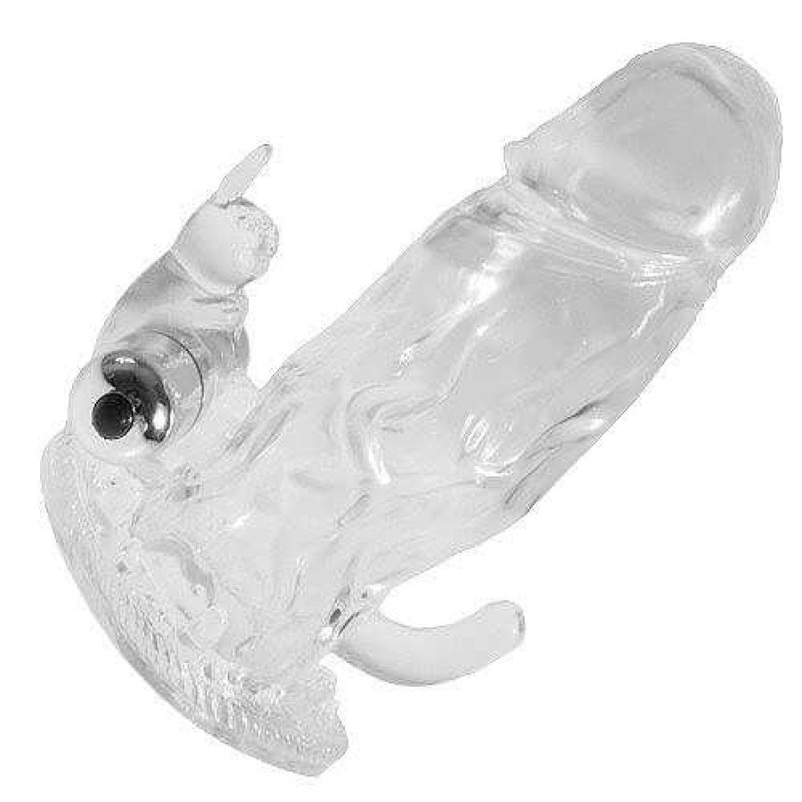 Bondara Triple Pleasure Vibrating Rabbit Penis Sleeve Clear/White Sex Toys For Couples