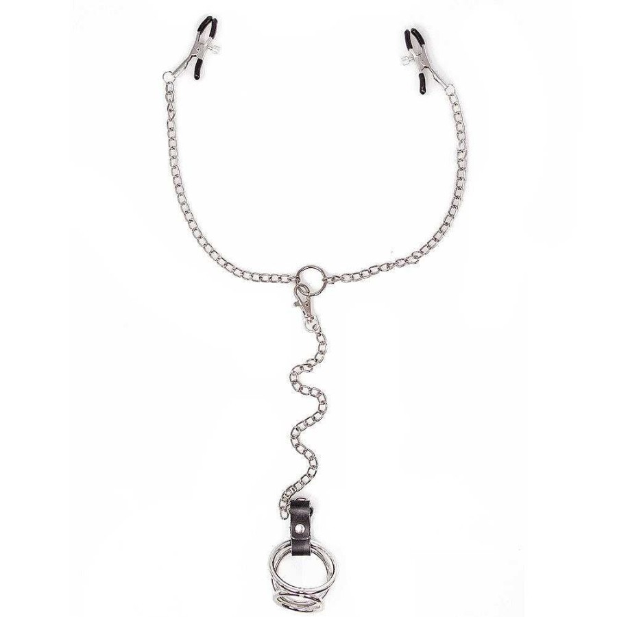 Bondara Torment Steel Chain Nipple Clamps & Triple Cock Ring Harness Silver Nipple Toys & Clit Toys