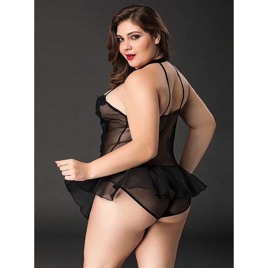 Bondara Belle Bondara Belle Plus Size Sheer Peplum Teddy Black Sexy Plus Size Lingerie