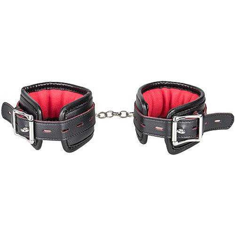 Bondara Bondara Black Faux Leather Red Suede Padlocked Ankle Cuffs Red And Black Bondage Restraints & Handcuffs