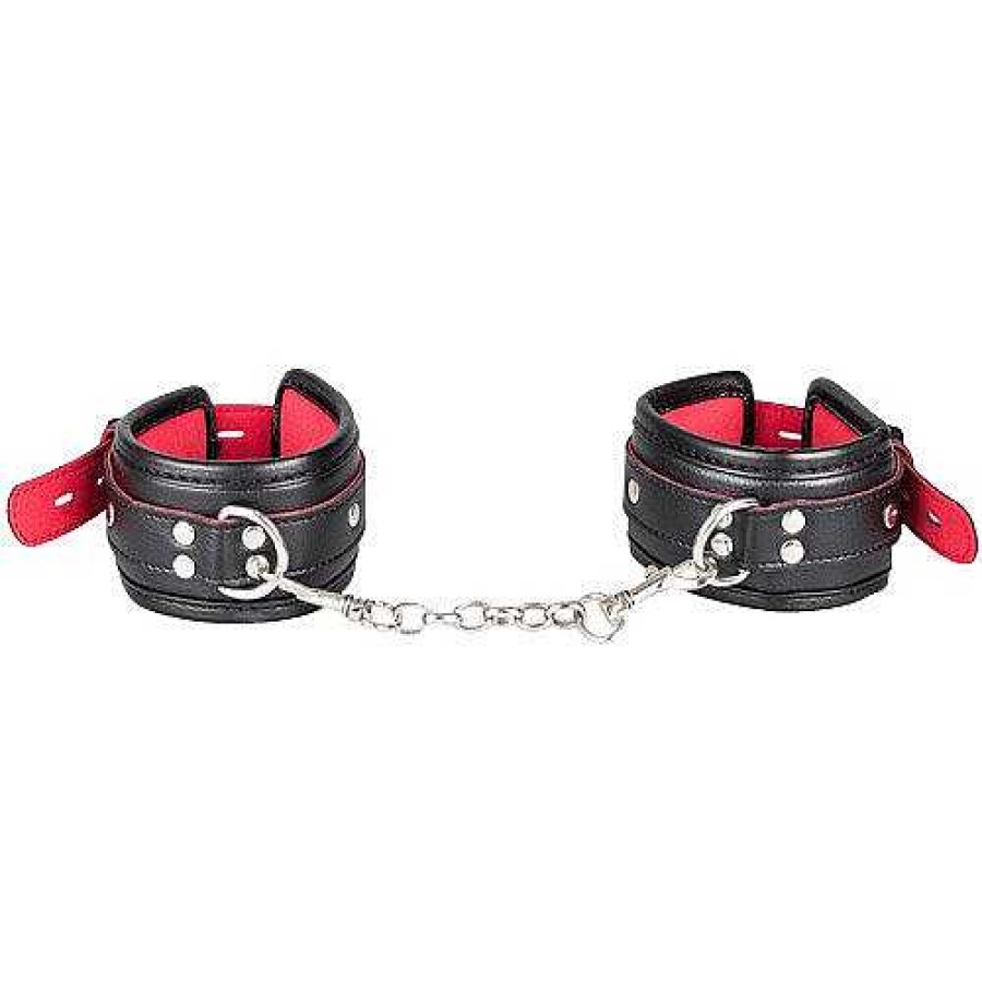 Bondara Bondara Black Faux Leather Red Suede Padlocked Ankle Cuffs Red And Black Bondage Restraints & Handcuffs