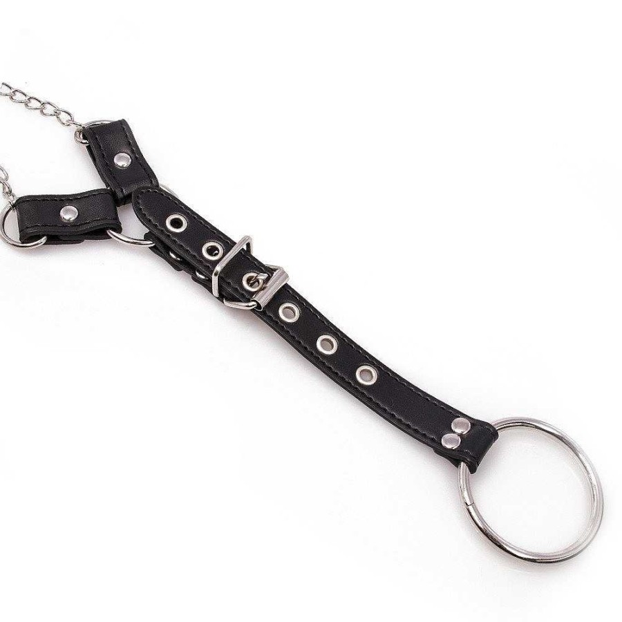 Bondara Bondara Dominator Faux Leather Chain Nipple Clamps & Cock Ring Silver & Black Nipple Toys & Clit Toys