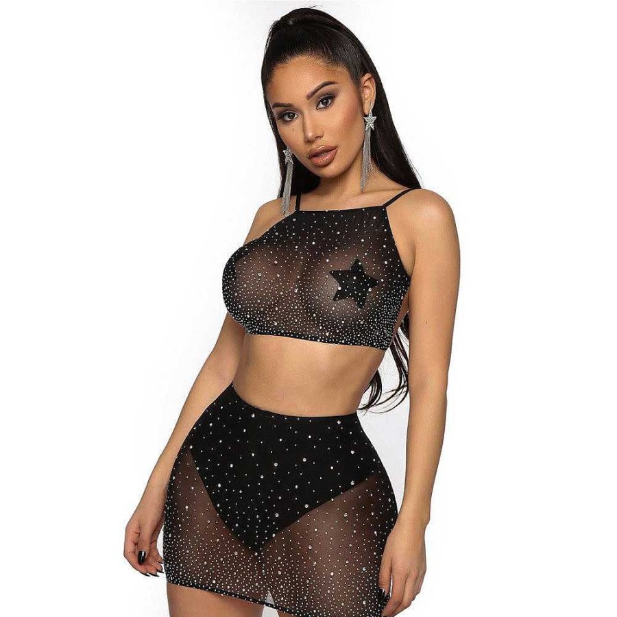 Bondara Flirt Bondara Flirt Diamond Sheer Mesh Halter & Miniskirt Black Sexy Lingerie For Women