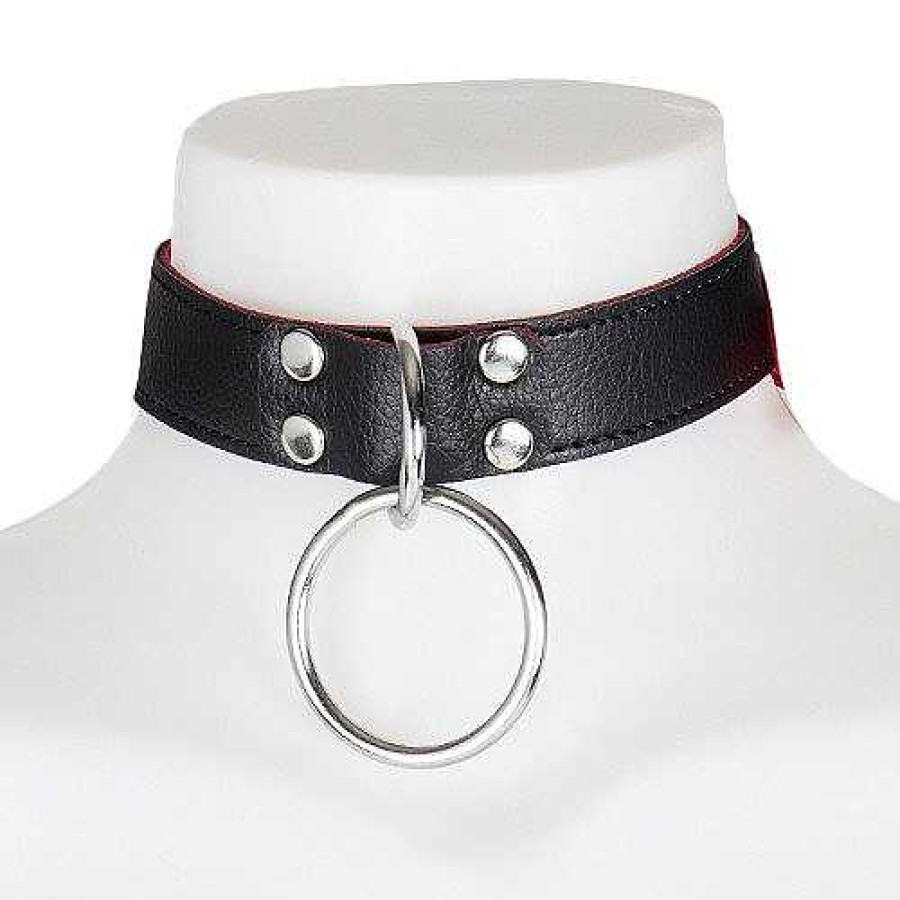 Bondara Boutique Bondara Black Faux Leather Red Suede Padlocked O-Ring Collar Black And Red Bondage Restraints & Handcuffs