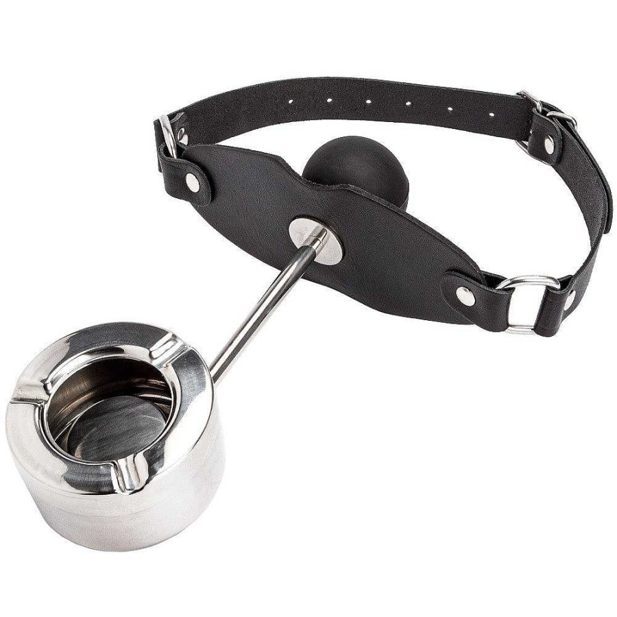 Bondara Torment Filthy Habit Leather Ash Tray Ball Gag Black And Ssilver Ball Gags & Mouth Gags