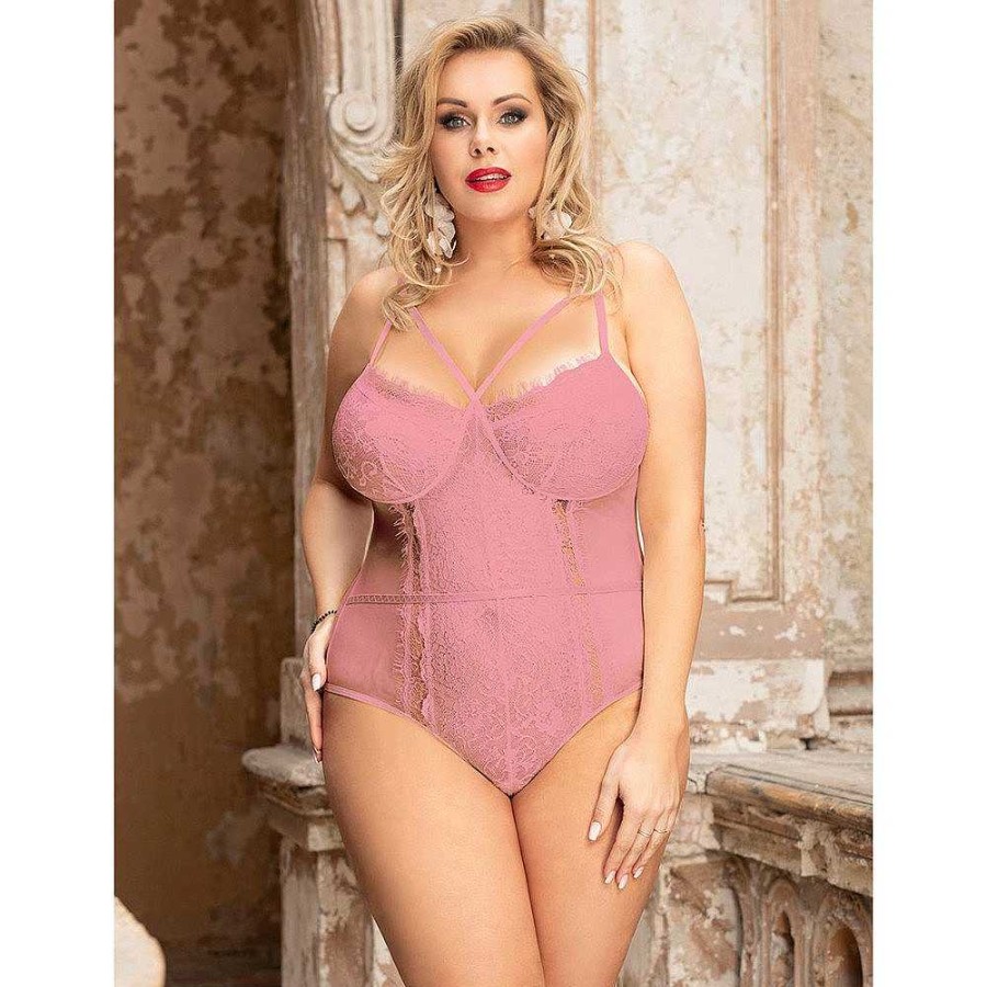 Bondara Belle Bondara Belle Late Night Plus Size Eyelash Lace Caged Teddy Pink Sexy Plus Size Lingerie