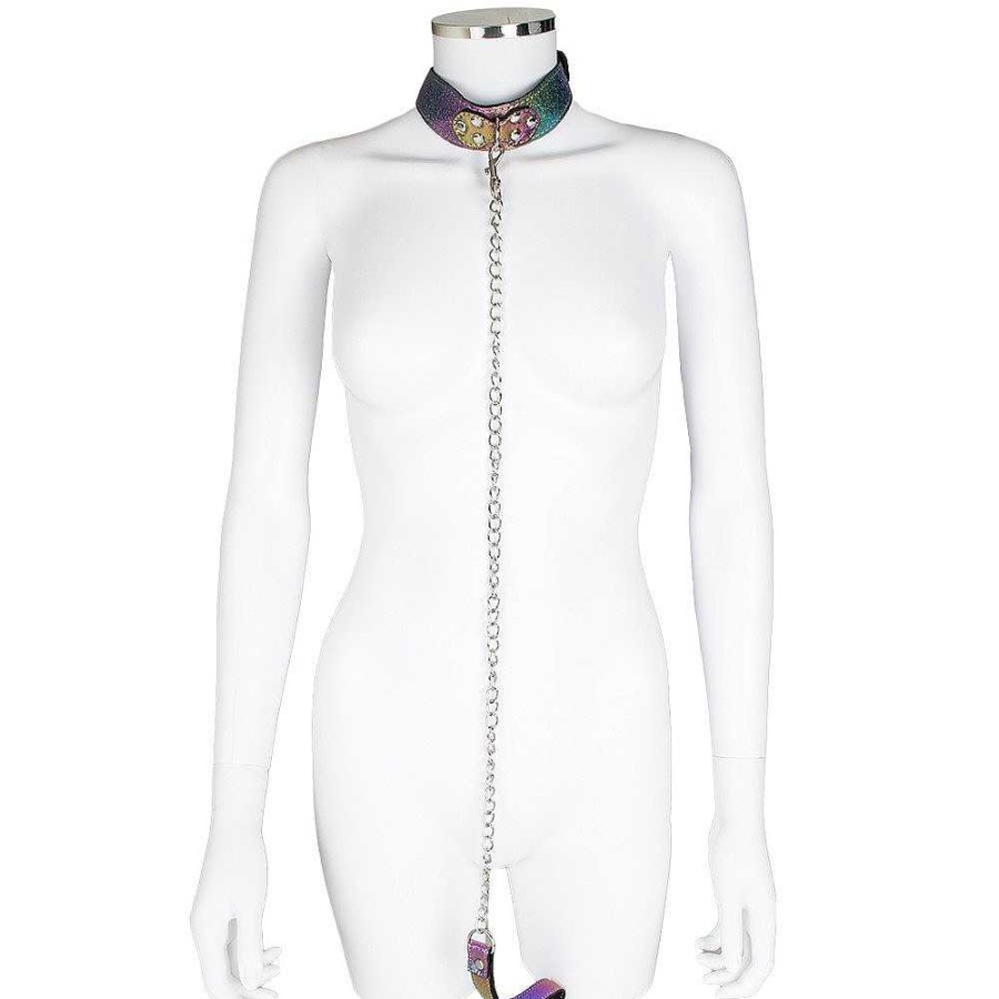 Bondara Bondara Shiny B!Tch Holographic Faux Leather Collar And Leash Rainbow Bondage Restraints & Handcuffs