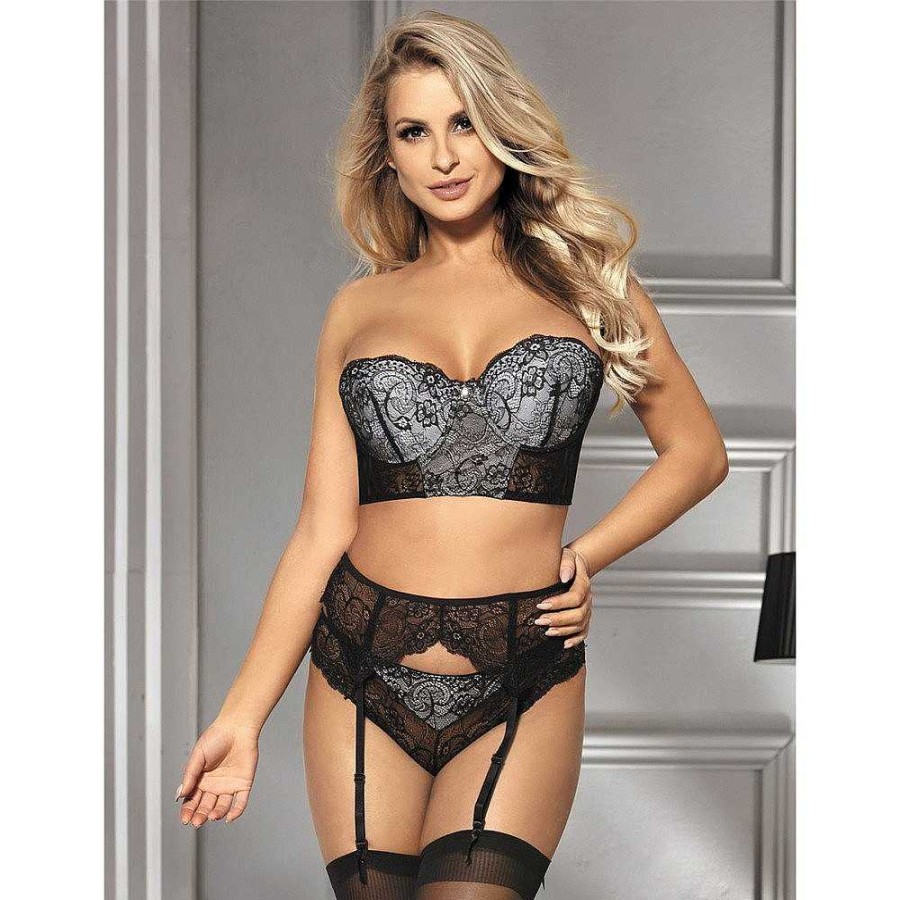 Bondara Flirt Bondara Flirt Dove Strapless Bustier, Suspender Belt & Knicker Grey & Black Sexy Lingerie For Women