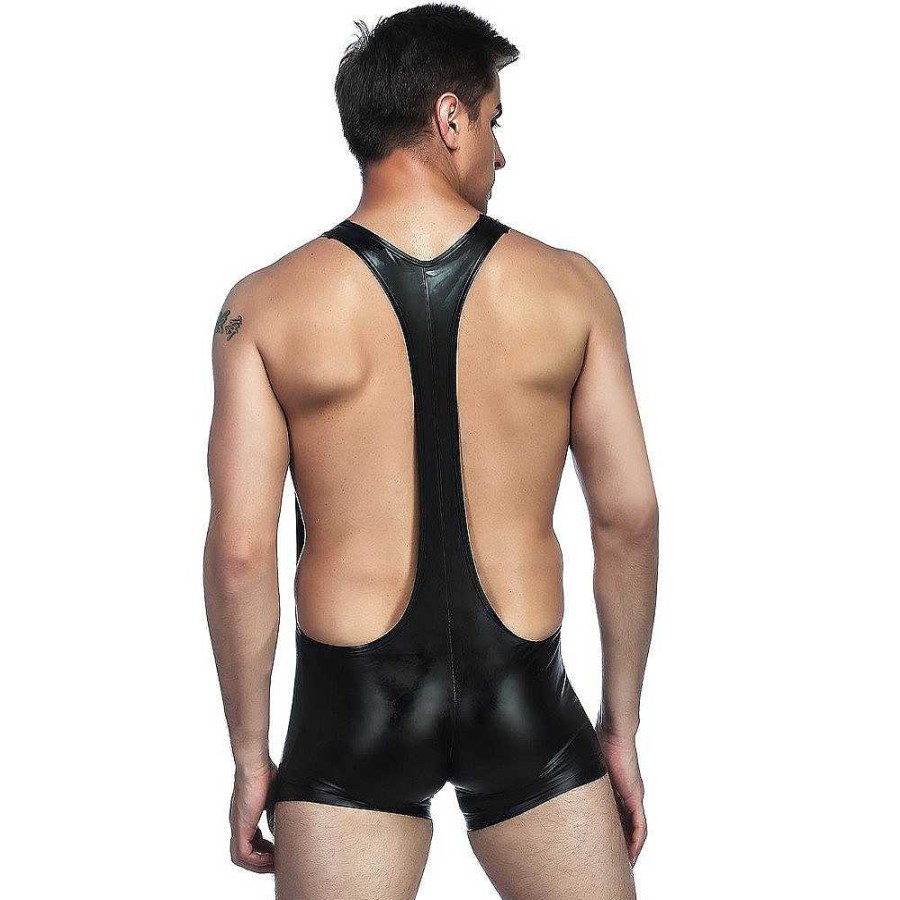 Bondara Edge Bondara Edge Men'S Wet Look Suspender Leotard Black Fetish Clothing