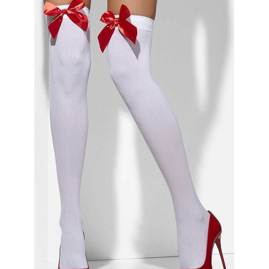 Bondara Bow To Me Red And White Opaque Hold-Up Stockings Opaque White Sexy Lingerie For Women