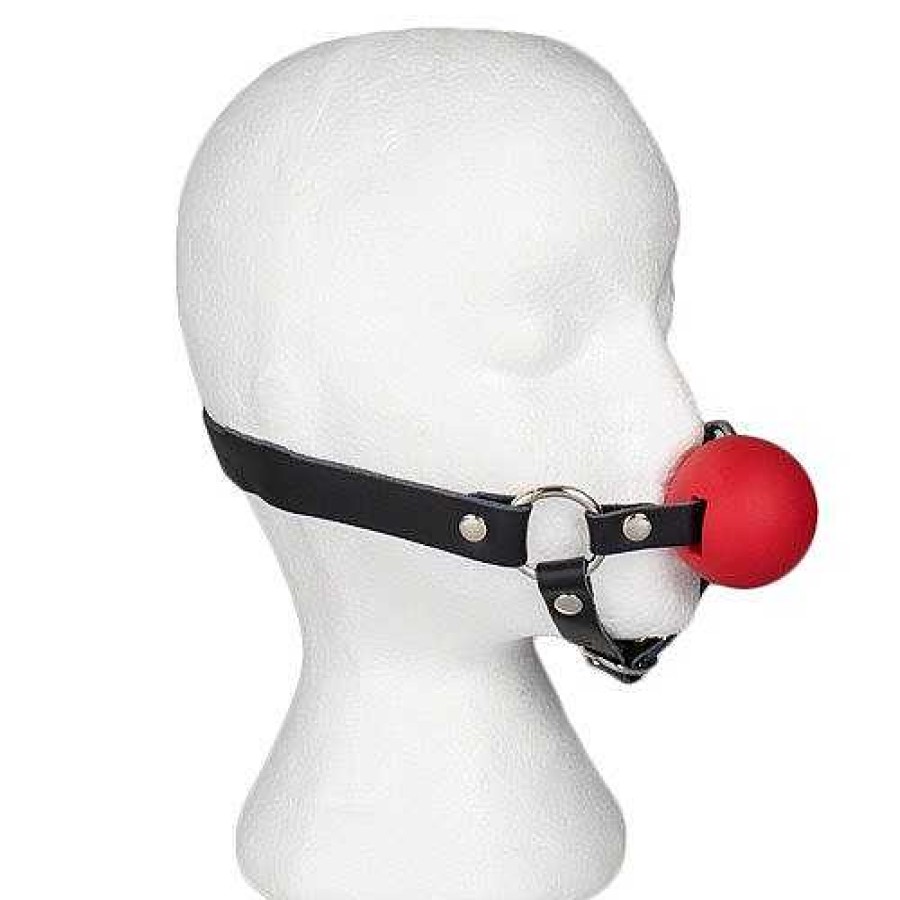 Bondara Bondara Real Leather Ball Gag Chin Harness Black And Red Ball Gags & Mouth Gags