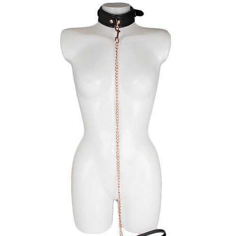 Bondara Boutique Bondara Black Faux Leather Collar With Rose Gold Leash Black And Rose Gold Bondage Restraints & Handcuffs