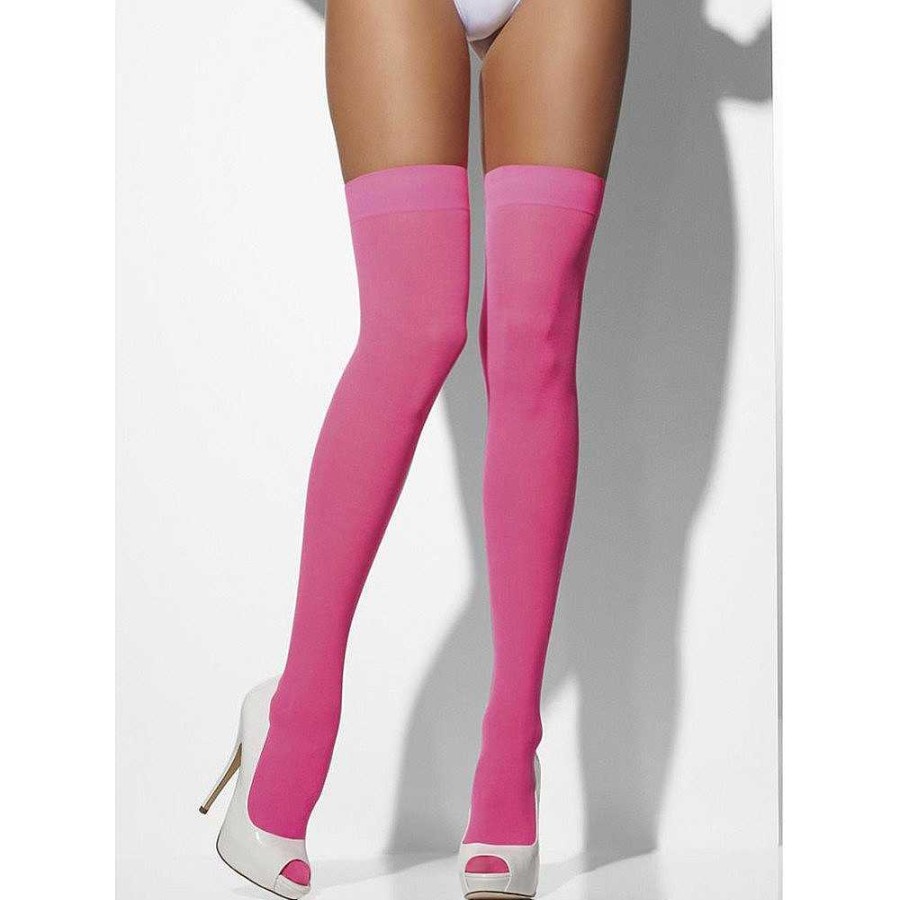 Bondara Make 'Em Wink Neon Opaque Hold Up Stockings Pink Sexy Hosiery