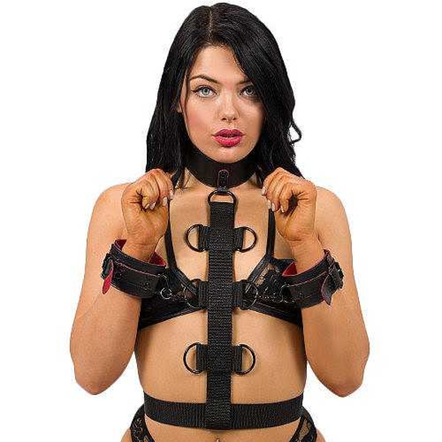 Bondara Bondara Faux Leather Red Suede Neck To Wrist Restraint Black Bondage Restraints & Handcuffs