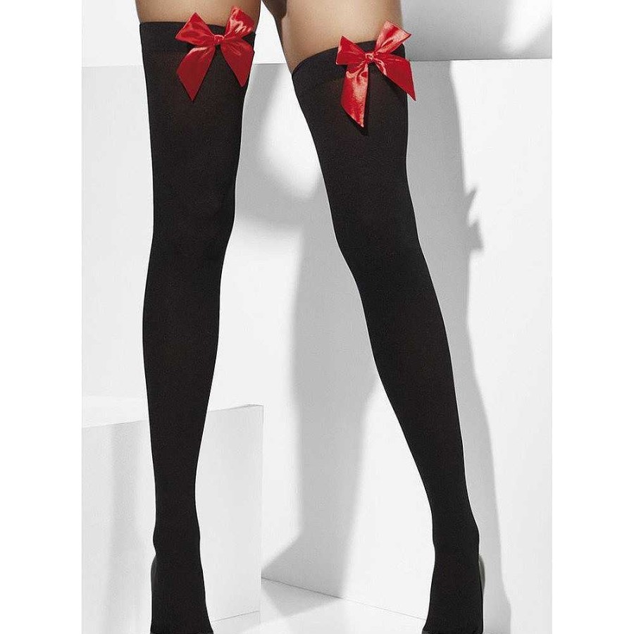 Bondara Bow To Me And Red Opaque Hold-Up Stockings Black Sexy Hosiery