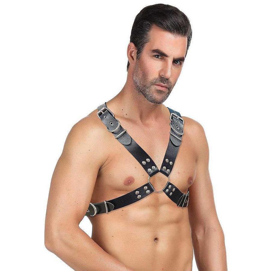 Bondara Edge Bondara Edge Men'S Faux Leather Studded O-Ring Chest Harness Black Fetish Clothing