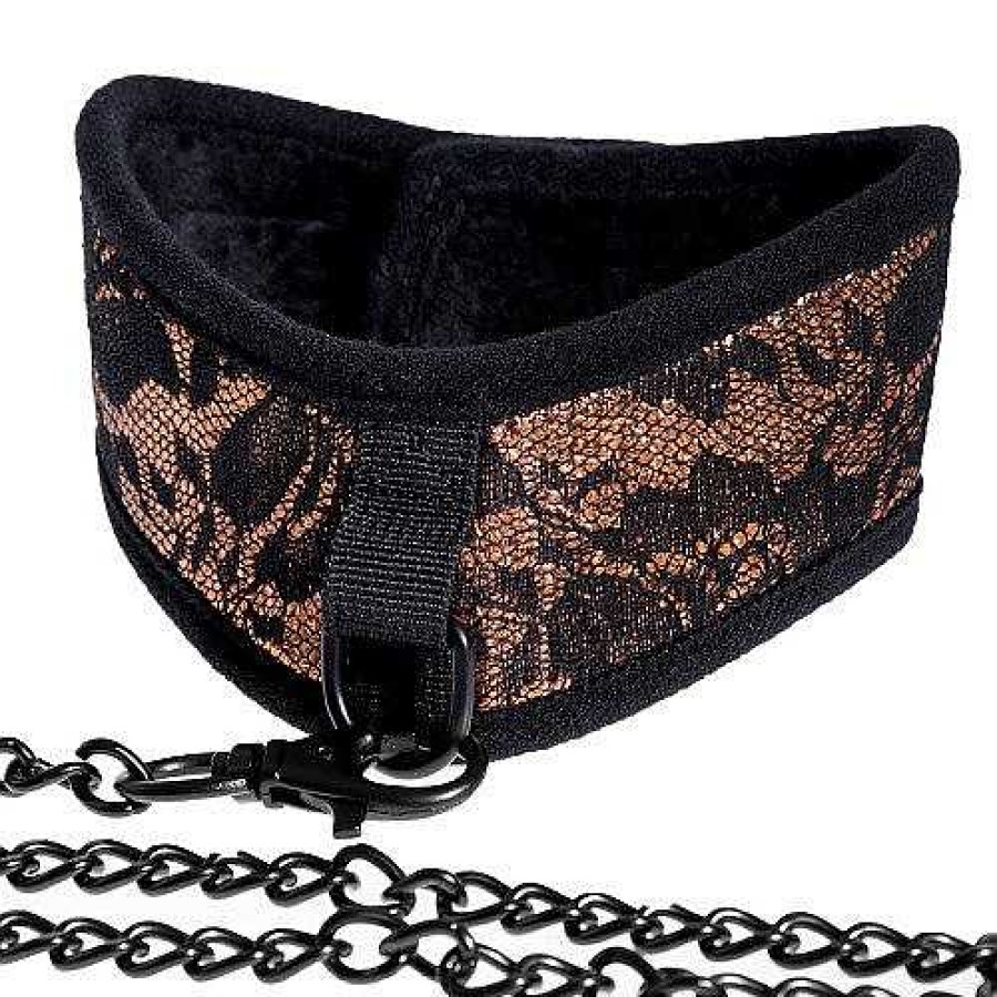 Bondara Boutique Bondara Amber Lace Luxury Collar With Leash Black And Gold Bondage Restraints & Handcuffs