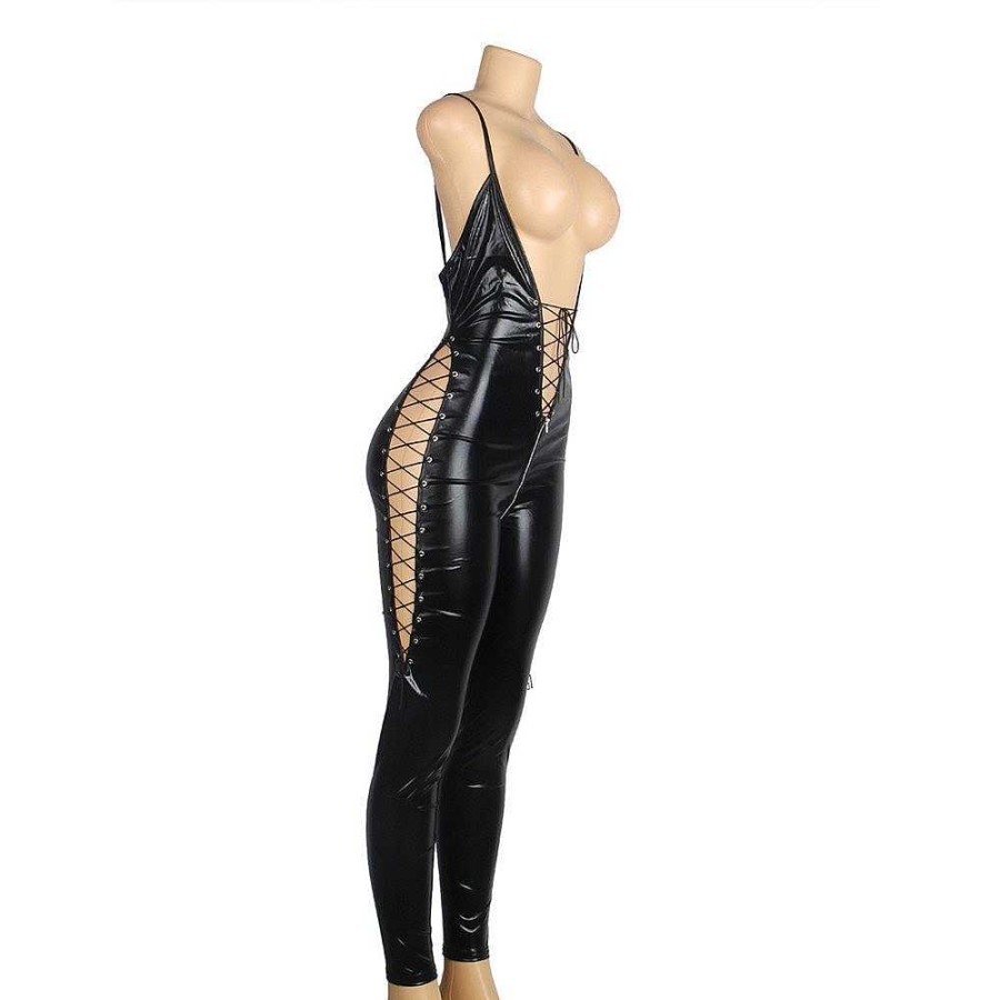 Bondara Siren Bondara Siren Strut Wet Look Zip-Up Crotchless Catsuit Black Fetish Clothing