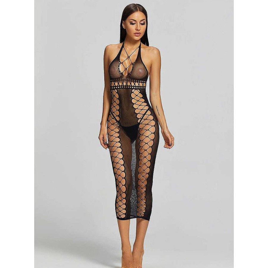 Bondara Flirt Bondara Flirt Fishnet Crisscross Halter Dress Black Sexy Lingerie For Women