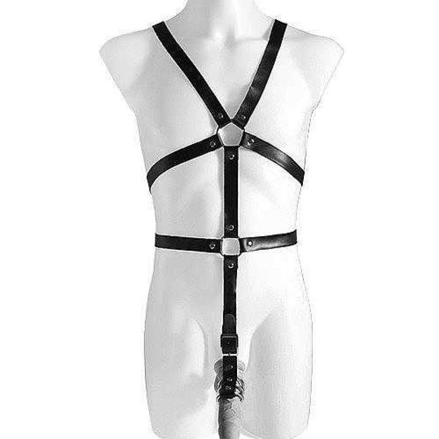 Bondara Bondara Edge Real Leather Men'S Body Harness With Cock Rings Black Bondage Restraints & Handcuffs