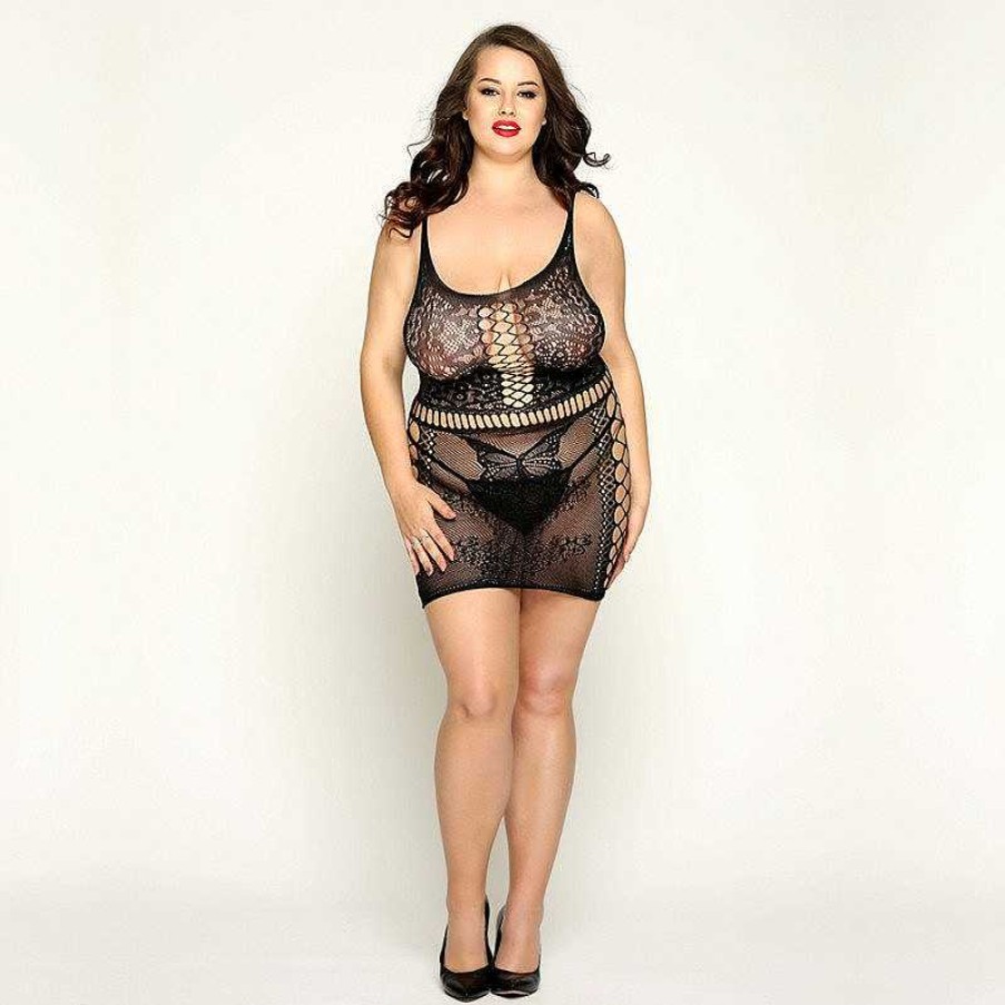 Bondara Bondara Belle Give Me Butterflies Plus Size Fishnet Mini Dress Black Sexy Plus Size Lingerie