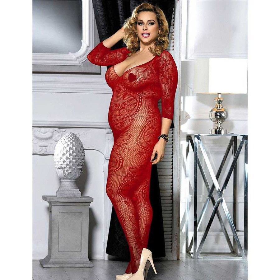 Bondara Belle Bondara Belle Plus Size Fishnet Crotchless Bodystocking Red Sexy Plus Size Lingerie